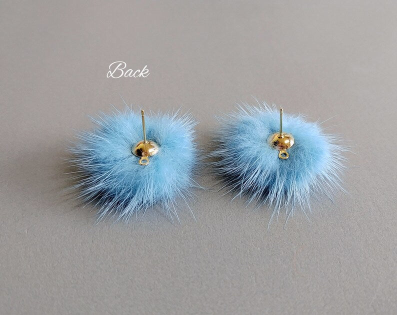 (brass stud) Bule Green, 30mm Mink PomPom Post with Flower Stamen, ECT0009F