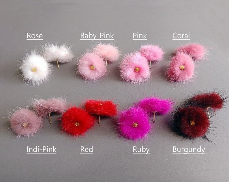 (brass stud) Pink Red, 30mm Mink PomPom Post with Flower Stamen, ECT0009F