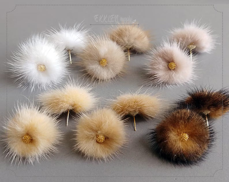 (brass stud) White Beige, 30mm Mink PomPom Post with Flower Stamen, ECT0009F