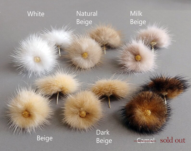 (brass stud) White Beige, 30mm Mink PomPom Post with Flower Stamen, ECT0009F