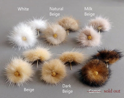 (brass stud) White Beige, 30mm Mink PomPom Post with Flower Stamen, ECT0009F