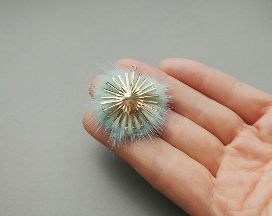 Double pompon fourrure, 40mm Jaune & Royal, Gland en véritable vison naturel, ECT0038