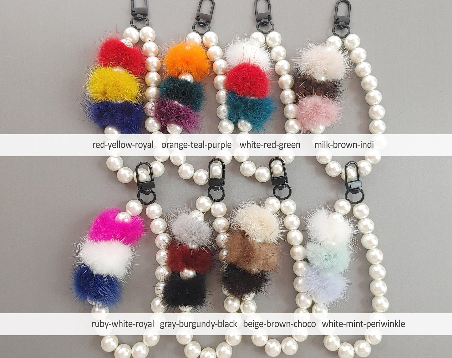 1 PC - Beige Brown Choco, 22mm Fur & Pearl Ball Keychain, EK0012