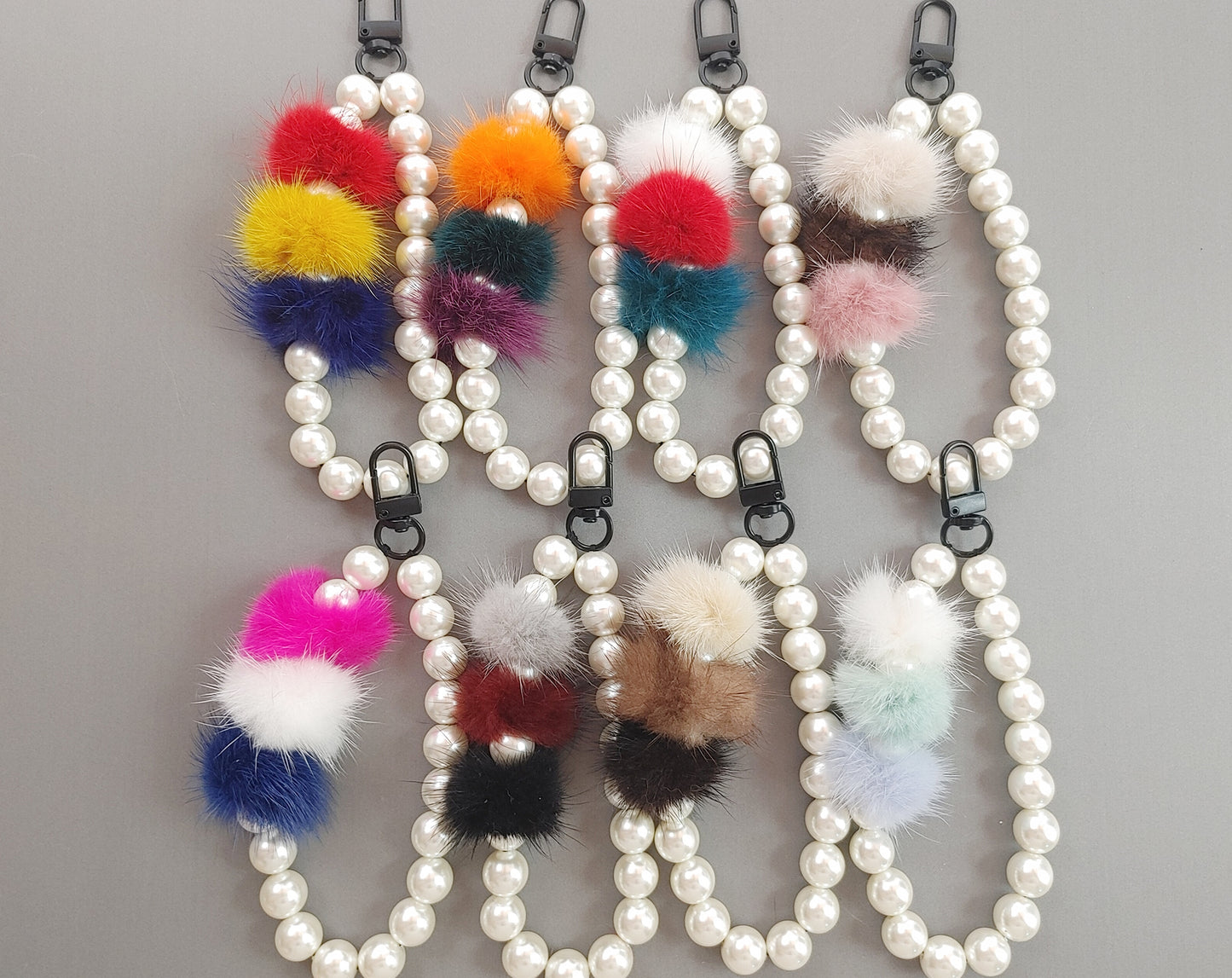 1 PC - Beige Brown Choco, 22mm Fur & Pearl Ball Keychain, EK0012