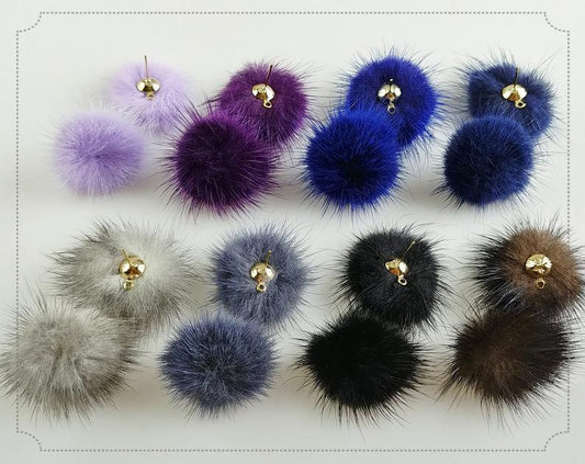 (brass stud) Purple Blue Gray, 30mm Natural Genuine Mink PomPom Post, ECT0009E