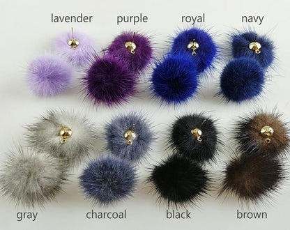 (brass stud) Purple Blue Gray, 30mm Natural Genuine Mink PomPom Post, ECT0009E