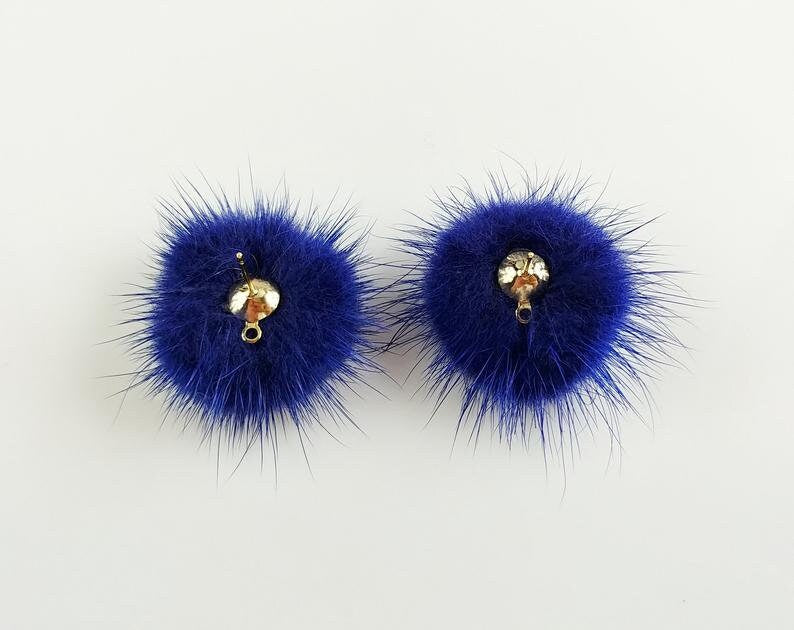(brass stud) Purple Blue Gray, 30mm Natural Genuine Mink PomPom Post, ECT0009E