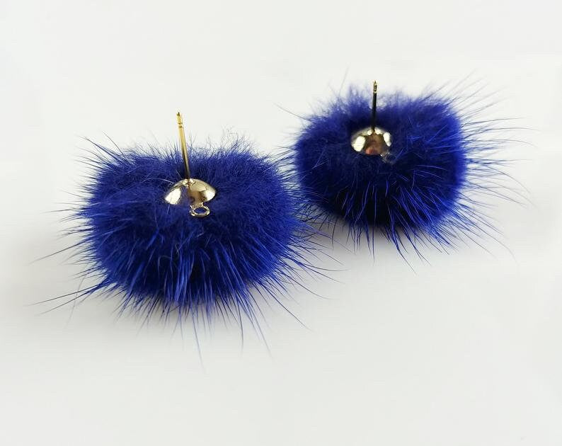 (brass stud) Purple Blue Gray, 30mm Natural Genuine Mink PomPom Post, ECT0009E
