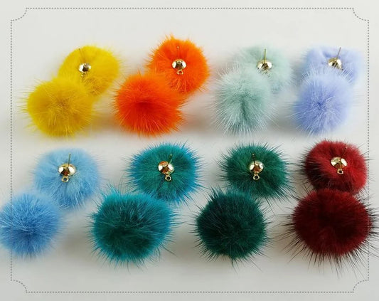 (brass stud) Orange Green, 30mm Natural Genuine Mink PomPom Post, ECT0009E