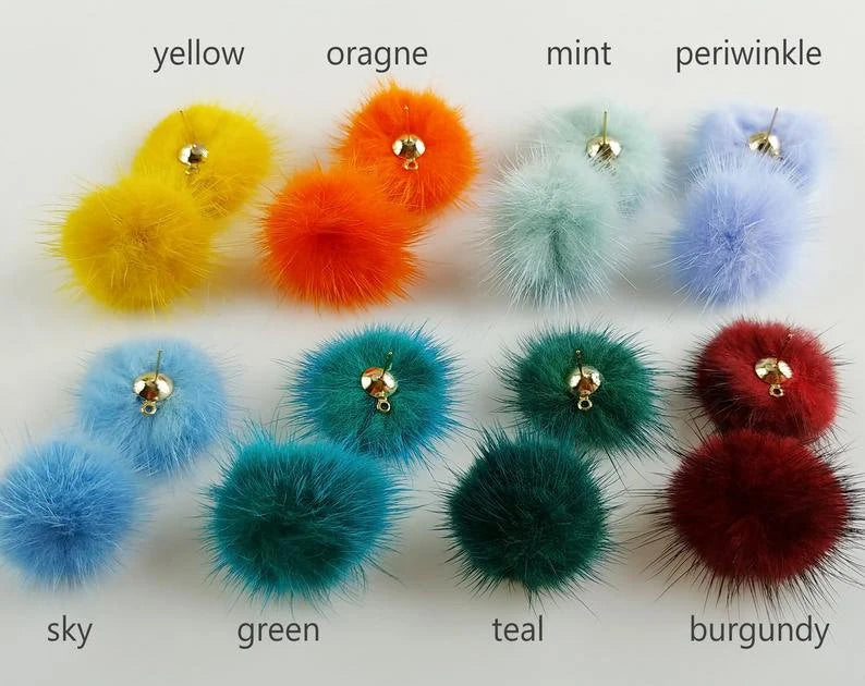 (brass stud) Orange Green, 30mm Natural Genuine Mink PomPom Post, ECT0009E