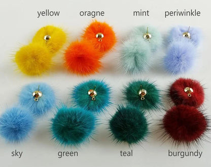 (brass stud) Orange Green, 30mm Natural Genuine Mink PomPom Post, ECT0009E