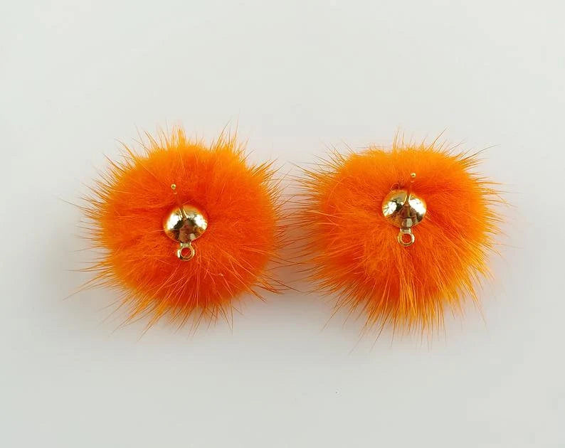 (brass stud) Orange Green, 30mm Natural Genuine Mink PomPom Post, ECT0009E