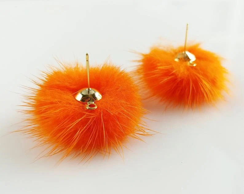 (brass stud) Orange Green, 30mm Natural Genuine Mink PomPom Post, ECT0009E