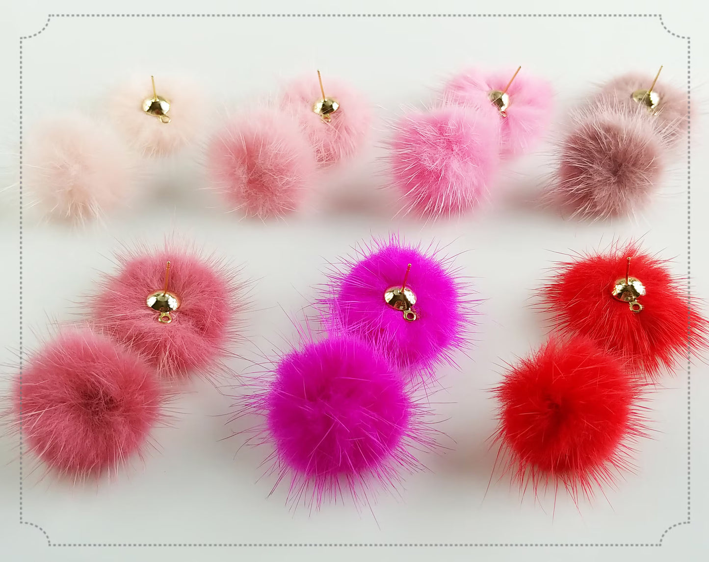 (brass stud) Pink Red, 30mm Natural Genuine Mink PomPom Post, ECT0009E