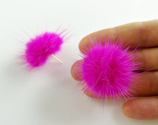 (brass stud) Pink Red, 30mm Natural Genuine Mink PomPom Post, ECT0009E