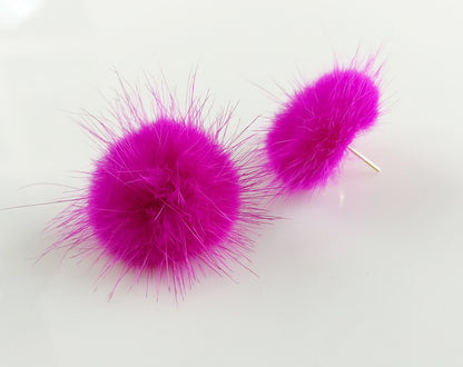 (brass stud) Pink Red, 30mm Natural Genuine Mink PomPom Post, ECT0009E