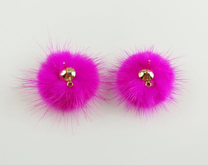 (brass stud) Pink Red, 30mm Natural Genuine Mink PomPom Post, ECT0009E