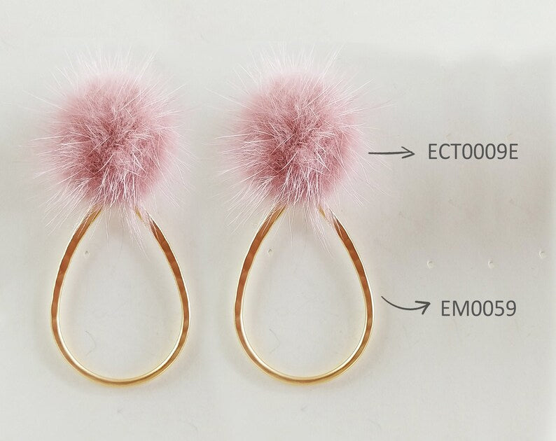(brass stud) Purple Blue Gray, 30mm Natural Genuine Mink PomPom Post, ECT0009E