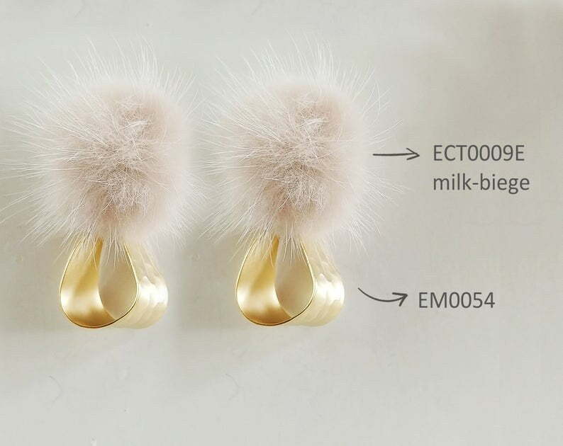 (brass stud) Orange Green, 30mm Natural Genuine Mink PomPom Post, ECT0009E