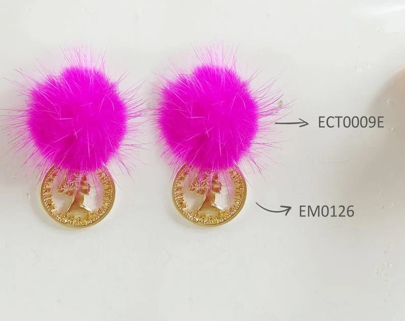 (brass stud) Purple Blue Gray, 30mm Natural Genuine Mink PomPom Post, ECT0009E
